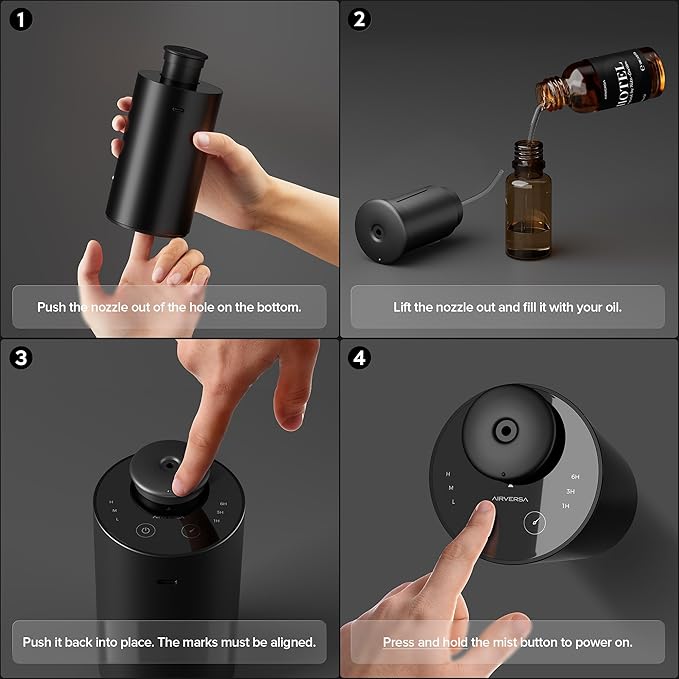 Waterless Essential Oil Diffuser for Home Aromatherapy Scent Diffusers with 3 Countdown Timer Settings or Timer-Off, 3 Mist Levels for Car Room Studio Office, Premium Metal Black and Silver 2 Pack