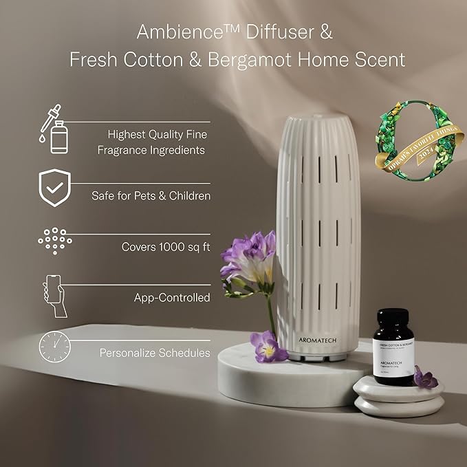 AromaTech Ambience Scent Diffuser for Essential Oil Blends & Fragrances – Waterless Scent Machine w/Bluetooth for Home, Bathroom Boutiques, Hotel, Spa – White Stone with 60 ml Oil