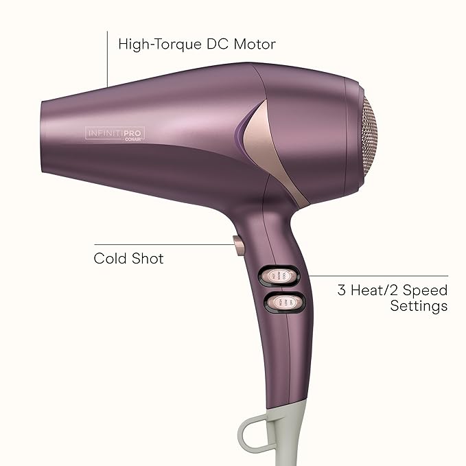 Infiniti PRO CONAIR Style & Shine Hair Dryer with Diffuser and Concentrator, 1875W Style & Shine Blow Dryer with Tourmaline and Ionic Conditioning to Fight Frizz, 3 Heat & 2 Speed Settings, Purple