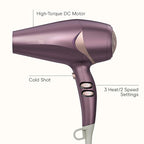 Infiniti PRO CONAIR Style & Shine Hair Dryer with Diffuser and Concentrator, 1875W Style & Shine Blow Dryer with Tourmaline and Ionic Conditioning to Fight Frizz, 3 Heat & 2 Speed Settings, Purple