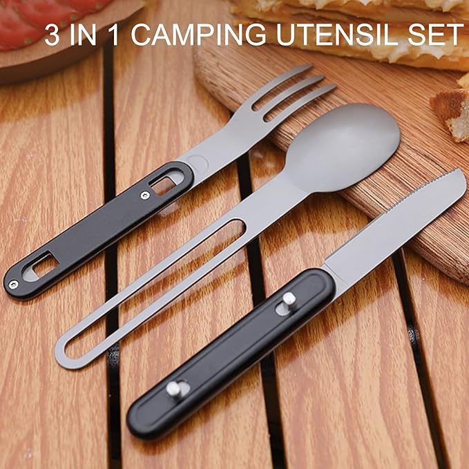 3-in-1 Camping Utensils, Portable Stainless Steel Spoon, Fork and Knife Combo - Image 3