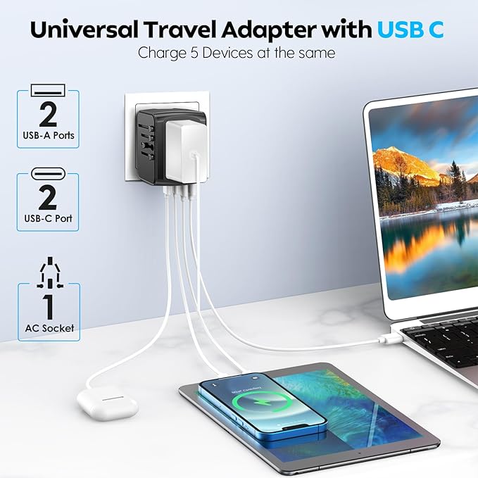JMFONE Universal Travel Plug Adapter 5 in 1 Charger, European Travel Plug - Image 2