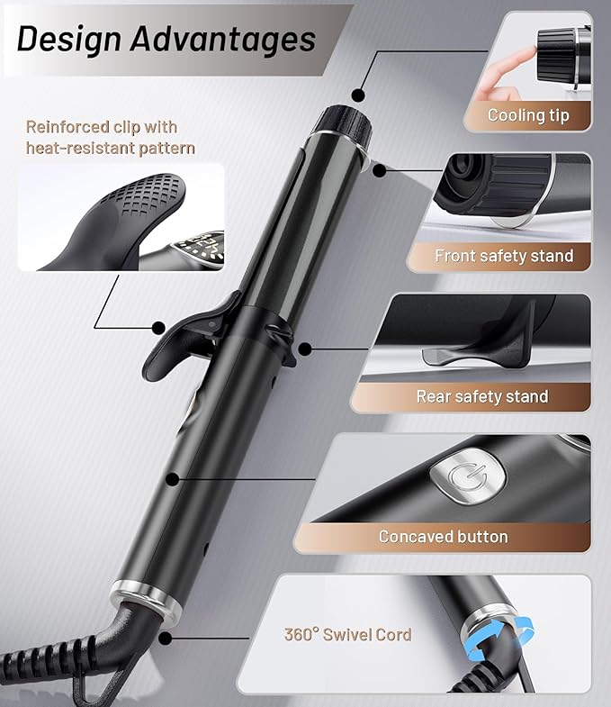 1 Inch Mini Travel Curling Iron, 100-240V Travel Dual Voltage Curling Iron for Short Hair with 5 Heat Settings, Small Curling Wand with Temperature Memories and Lock, Silver