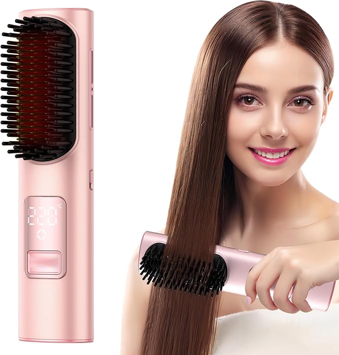 Cordless Hair Straightener Brush, Mini Brush Straightener for Travel,Portable Straightening Brush for Women,Hot Comb Styling Tools & Appliances, Pink