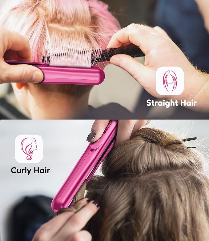 Terviiix Mini Flat Iron for Bangs Short Hair Edges, 1/2 Inch Small Hair Straightener and Curler 2-in-1, Ceramic Travel Flat Iron with Dual Voltage, 430°F Fast Heat, Pouch — Pink