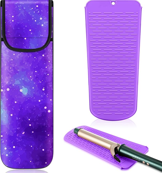 Shappy 2 Pcs Heat Resistant Hair Tools Bag Curling Iron Travel Case Cover Neoprene Flat Iron Holder Travel Case and Silicone Mat Pouch for Hot Hair Tools Storage Organizer(Starry Sky)
