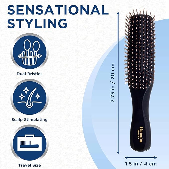 Giorgio GIO1BLK Black Gentle Touch Detangler Hair Brush for Men Women and Kids. Soft Bristles for Sensitive Scalp. Wet and Dry for all Hair Types. Scalp Massager Brush Stimulate Hair Growth