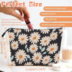 Cosmetic Bags Travel Makeup Toilet Case Waterproof Pouch for Women Girls 6.7X9.45inches - Daisy Pattern With Light Blue Leaves on Black