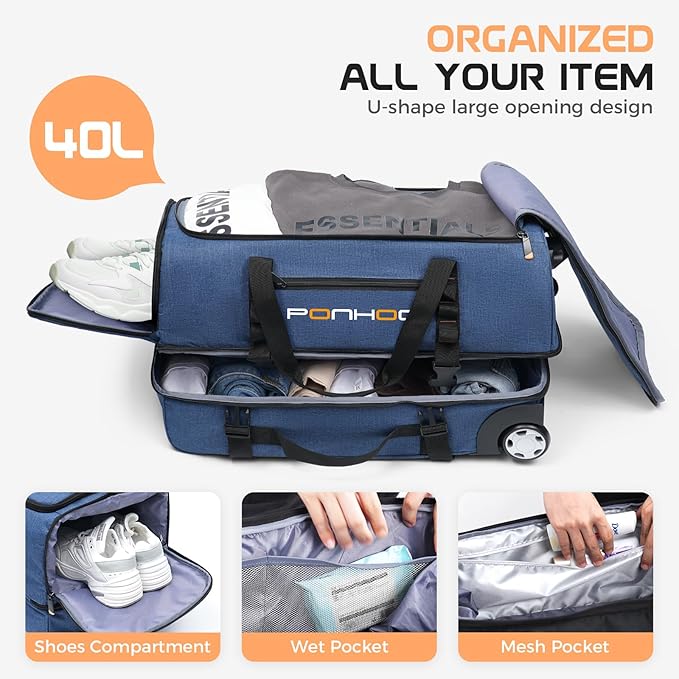 Rolling Duffle Bag with Wheels, Large Travel Duffel Bag with Shoe Compartment - Image 3