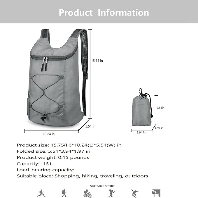 16L Hiking Daypack Lightweight Foldable Travel Backpack Water Repellent Camping - Image 7