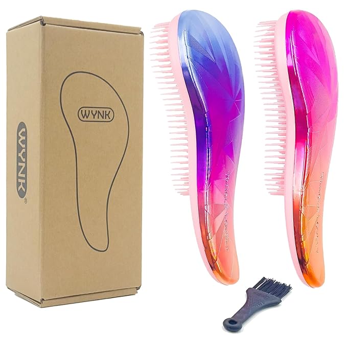 WYNK Gentle Detangling Hair Brush for Adults & Kids – 2 Pack, Painless for Wet or Dry Curly/Straight Hair, Reduces Breakage, Comfortable Scalp Feel
