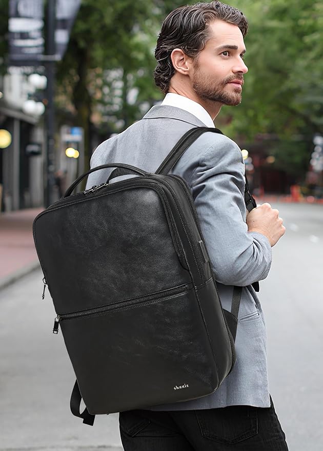 Vegan Leather Laptop Backpack for Women&Men, 16 Inch Expandable Backpack - Image 2