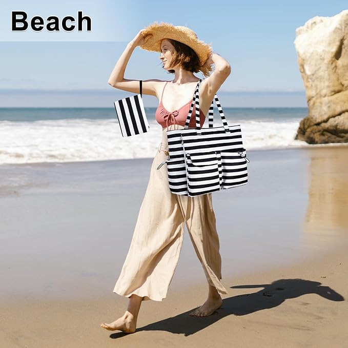 LEDAOU Large Beach Tote Bag Women Waterproof Sandproof Zipper Beach Tote Bag - Image 8