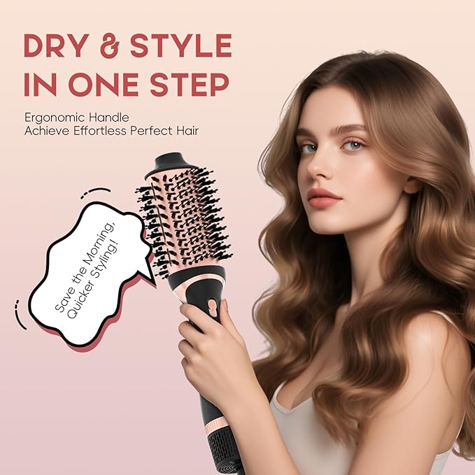 Hair Dryer Brush Set, Multifunctional Hot Air Brush for Salon Blowouts, Negative Ion Technology & Quick Drying, Shiny and Less Frizz, Blush Gold