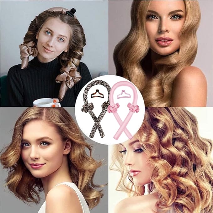 GADZHI Heatless Curling Rod Headband Heatless Hair Roller Curls Set for Long Hair No Heat Silk Hair Wrap Curler Ribbon for Overnight Sleep Hair Roller with Hair Claw Clip DIY Hair Styling Tools (2 set - leopard+pink)