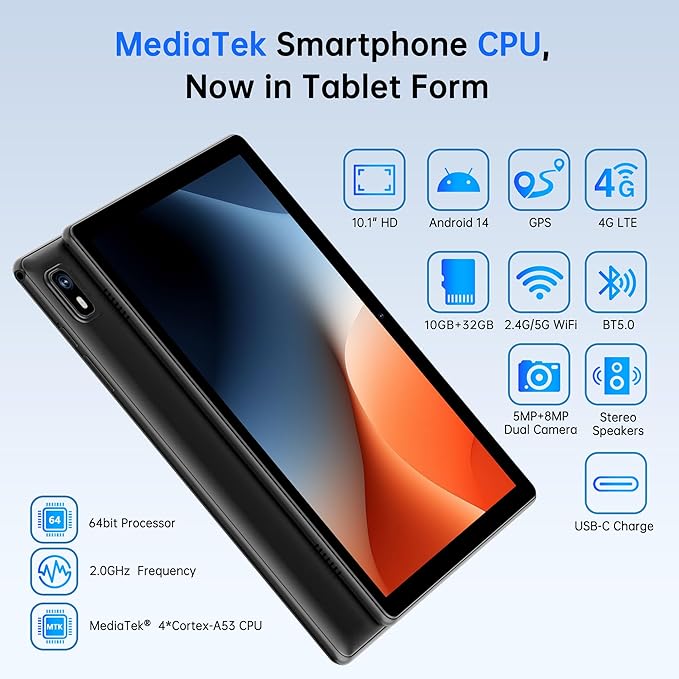 HAOVM Android 14 Tablet 10.1 Inch, 4G SIM Unlocked, Quad-Core CPU 2.0GHz - Image 2
