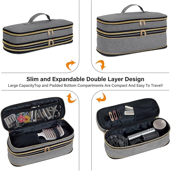 Hair Dryer Travel Carrying Case, Curling Iron Storage Bag, Slim Expandable Handheld Dual-Layer Travel Storage Bag for Dryer/Hair Tool Organizer/Style Organizer