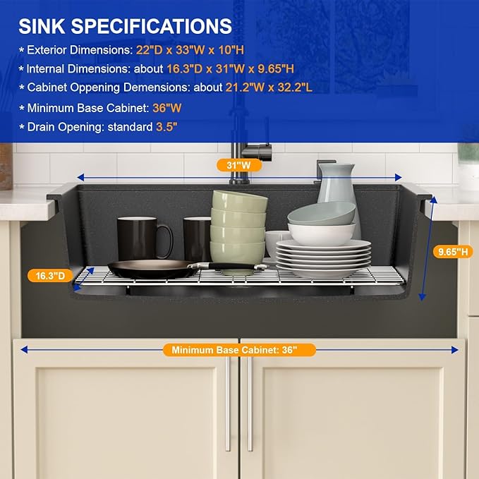 Dcolora 33x22 Drop In Kitchen Sink Black, Granite Composite Black Kitchen Sink - Image 6