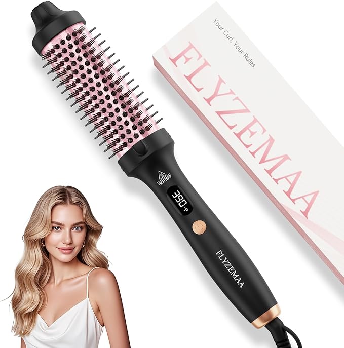 Thermal Brush, FLYZEMAA 1.5 Inch Curling Iron for Long Dry Hair, Heated Round Brush Straightener with 3 Temp Settings, 30s Fast Heat for Curling & Volumizing, Anti-Scald Nylon Bristles(Black)