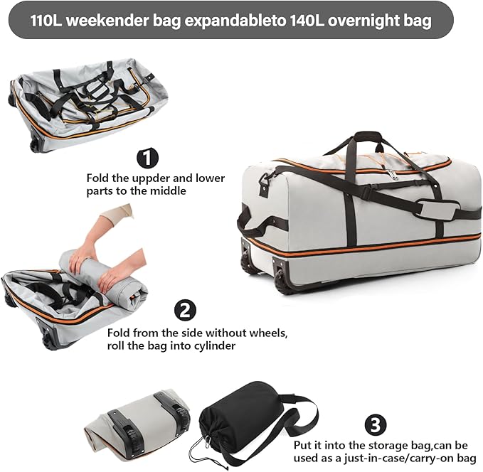 Vomgomfom 32" Soft-Sided Foldable Wheeled Travel Duffel Bag, Expandable 110L to - Image 3