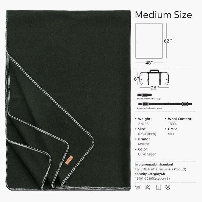 100% Wool Blanket, Military Wool Blanket, Sporting Events, Survival Kits，Olive - Image 4