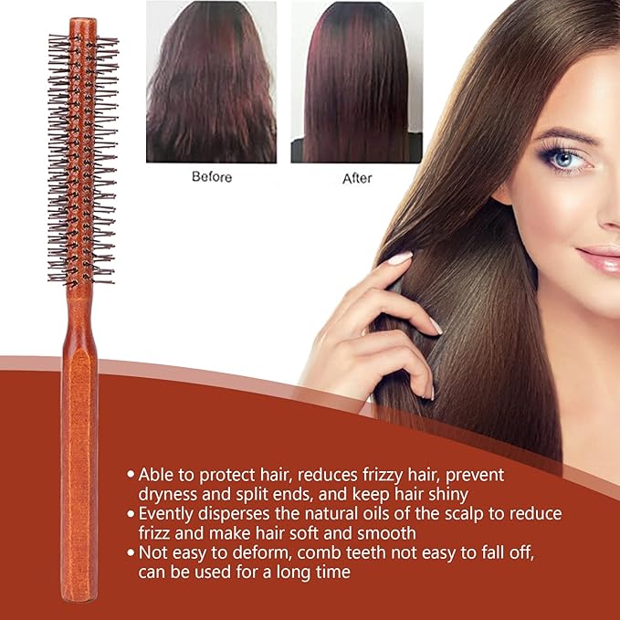 Round Styling Hair Brush for Women Men, Small Curling Roller Hairbrush with Wooden Handle, Static Free Detangling Brush for Blow Drying Curling Straightening, Practical Styling Tool for Hairdresser