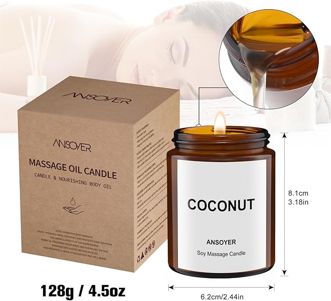 Massage Oil Candle, Romantic Gift SPA Use Home Scented Candle Body Oil, Ultra Hydrating Body Care with Soybean Oil, 4.5oz (Coconut)
