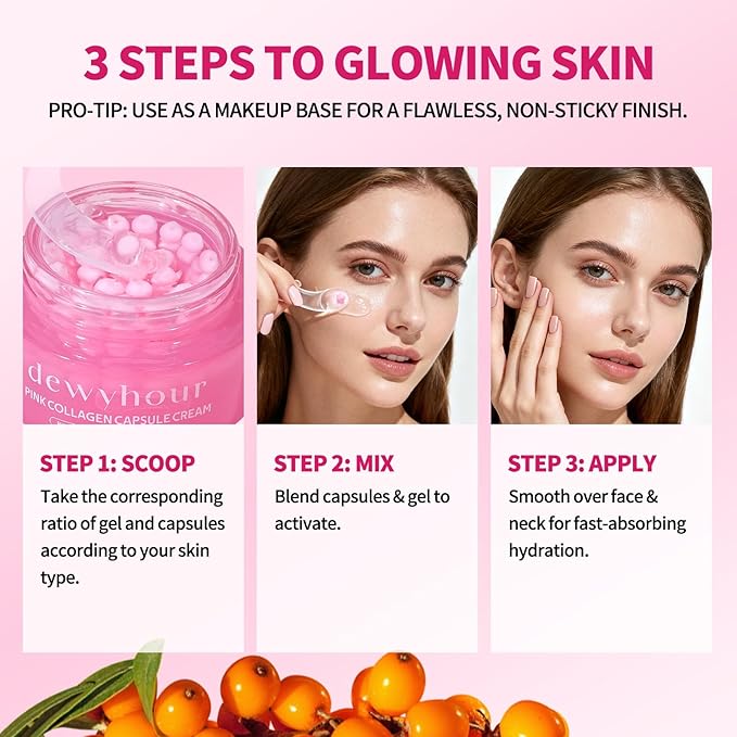 dewyhour Pink Collagen Capsule Face Cream, Lightweight Face Moisturizer, Smoothing & Firming, Brightening Glow, Improves Appearance of Uneven Tone, Korean Skincare, For Dry Skin