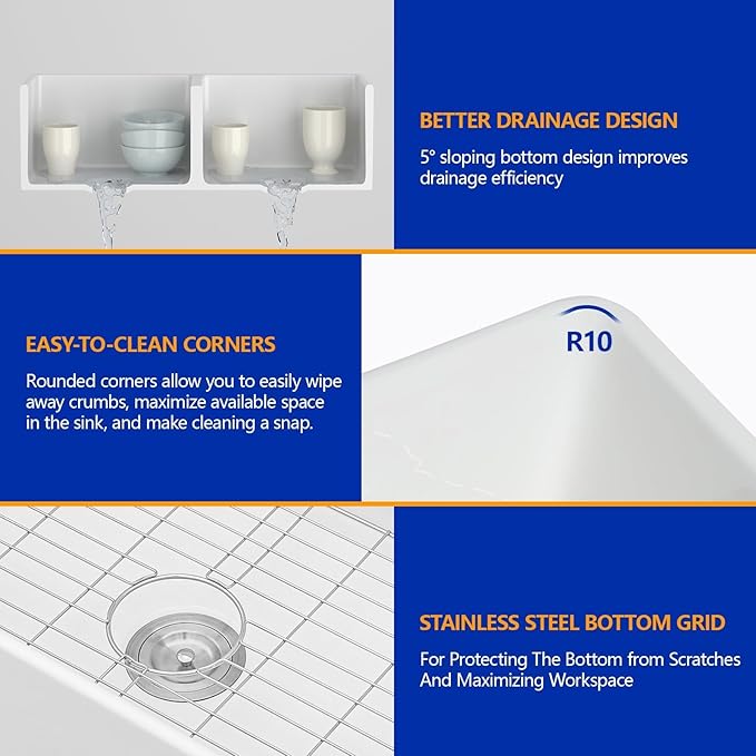 Dcolora Double Bowl Farmhouse Kitchen Sink Reversible Front Apron White - Image 7