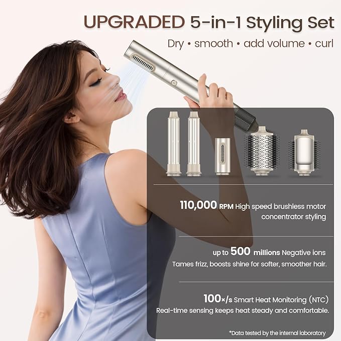 5-in-1 Hot Air Styler & Hair Dryer Brush, 110,000 RPM High-Speed Blow Dryer Brush with Auto-Wrap Curler, All-in-One Air Styling System for Easy Curl, Smooth & Volume