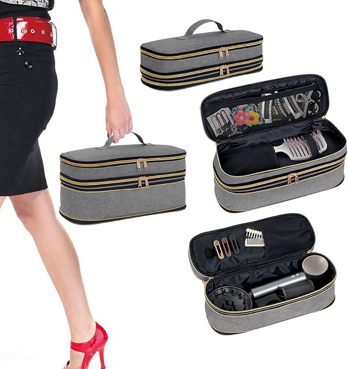 Hair Dryer Travel Carrying Case, Curling Iron Storage Bag, Slim Expandable Handheld Dual-Layer Travel Storage Bag for Dryer/Hair Tool Organizer/Style Organizer