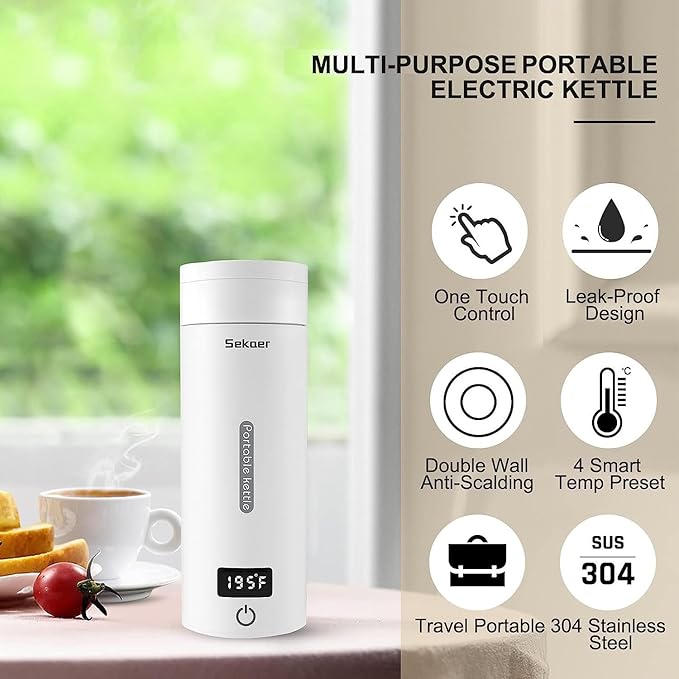 Sekaer Portable Electric Tea Kettle Travel Small Mini Coffee Kettle, - Image 2
