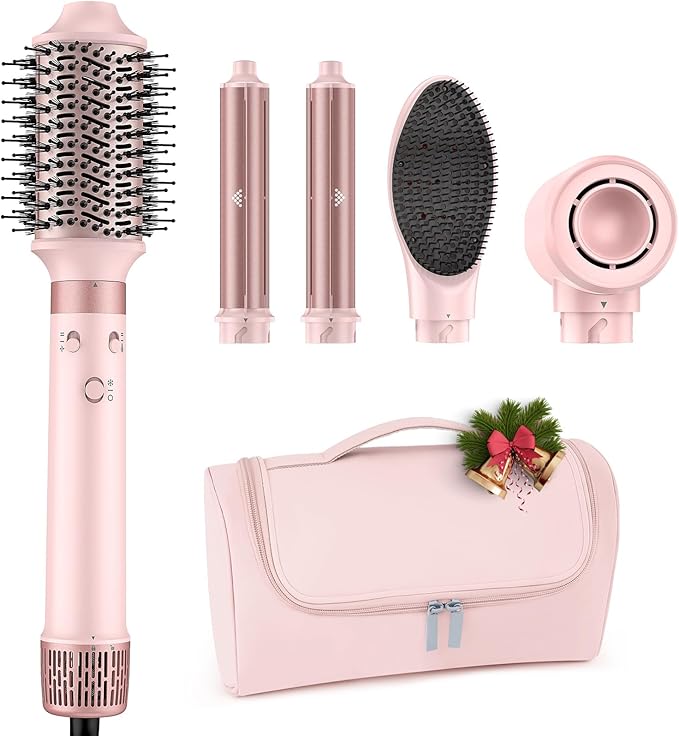 MESCOMB Dual Voltage Hot Air Styler Wrap - 5 in 1 Hair Dryer Brush with Fast Drying Blow Dryer, Styling, Straightening & Volumizing with Travel Bag (100V–240V) -Pink