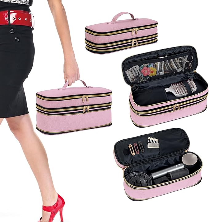 Hair Dryer Travel Carrying Case, Curling Iron Storage Bag, Slim Expandable Handheld Dual-Layer Travel Storage Bag for Dryer/Hair Tool Organizer/Style Organizer