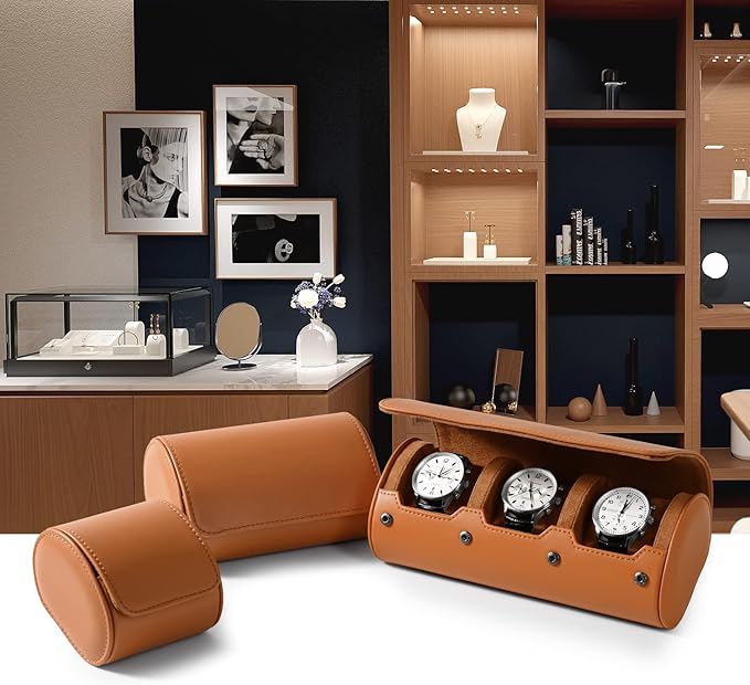 Oirlv Premium Leather Watch Roll Travel Case 3-Slot Watch Box - Image 2