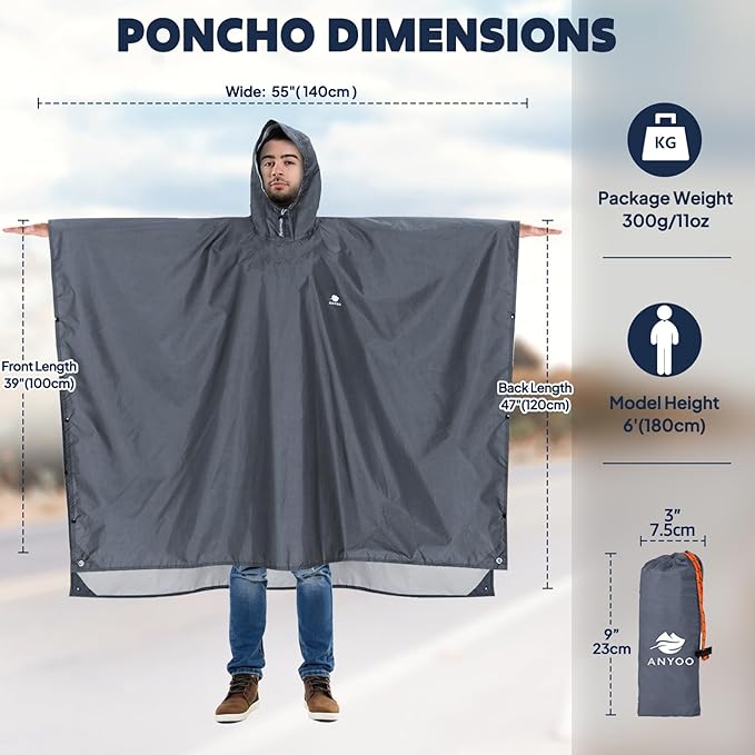 ANYOO Hooded Rain Poncho for Adults Waterproof Lightweight Rain Coat for Men - Image 2