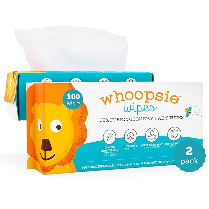 100% Pure Cotton Dry Wipes | 200 Count | Use Wet or Dry | Soft & Sensitive | by WhoopsieWipes