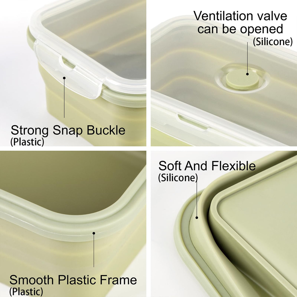 Collapsible Food Storage Containers with Airtight Lid & Air Vent (4x1200ml Lightgreen)