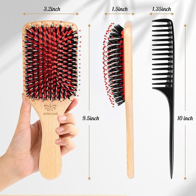 URTHEONE Hair Brush,Boar Bristle Hair Brushes and Hair Comb Set for Women Men Kids, Best Natural Wooden Paddle Hairbrush for Wet or Dry Hair