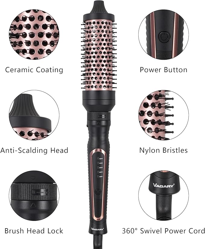 VAGARY 3 in 1 Thermal Brush Set, Heated Round for Blowout Look, Dual Voltage Curling Iron Brush, Ceramic Tourmaline, 3 Detachable Combs, 5 Temperature Settings