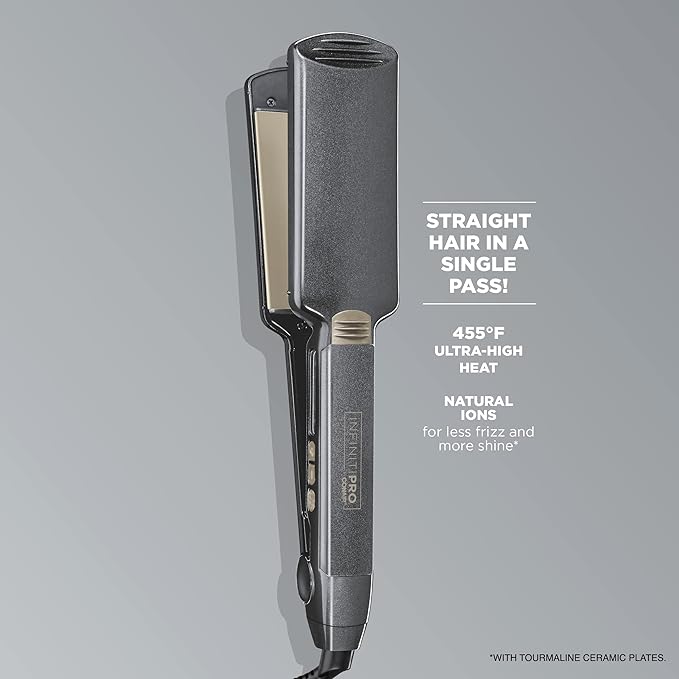 INFINITI PRO CONAIR Tourmaline Ceramic 2-Inch Flat Iron Hair Straightener, 2-Inch Flat Iron to Straighten or Curl, 5 Heat Settings, for All Hair Types and Textures, Metallic Grey