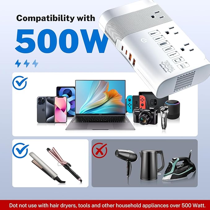 DOACE 500W Universal Travel Adapter 220V to 110V Voltage Converter, Pure Sine - Image 3
