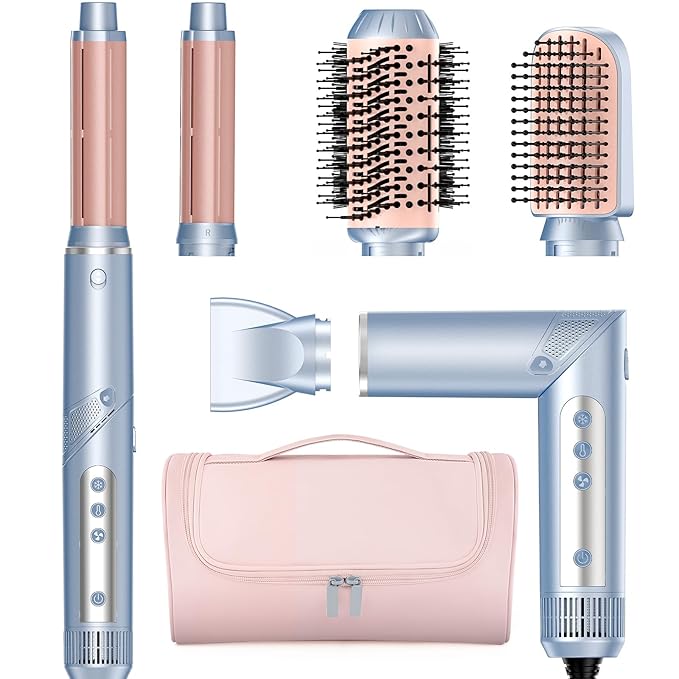 Hot Air Multi-Styler - 5 in 1 Professional Hair Wrap Styler Set with Air Curlers, Hair Dryer Brush, Straightener, Concentrator for Fast Drying Curling Straightening, Travel Case Included