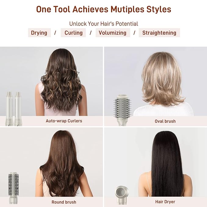 5 in 1 Hair Air Styler - Rotating Hair Dryer Brush 110000 RPM for Fast Drying & Hot-Air Automatic Wrap for Curling, Frizz-Free Blow Dryer Brush for Straightening Volumizing No Heat Damage