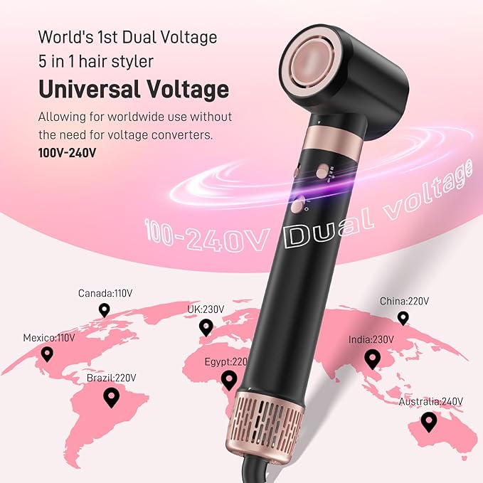 5 in 1 Dual Voltage Hot Air Styler - Professional Hair Dryer Brush for Fast Drying, Curling, Straightening & Volumizing | Low Heat Damage + Negative Ions + Travel-Friendly