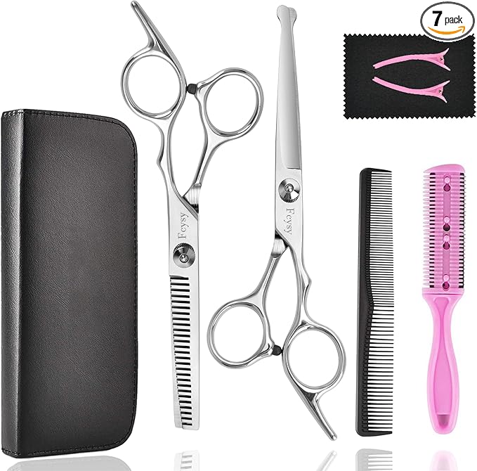 Hair Cutting Scissors Thinning Shears Set for Kids, Fcysy 6 in Children Safety Round Tip Haircut Shears Kit, Stainless Steel Hair Cutting Tools for Toddlers, Boys & Girls Home Use Grooming