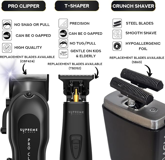 Supreme Trimmer 3-in-1 Barber Bundle | Pro Clipper Lite, T-Shaper Trimmer & Crunch Foil Shaver | Professional Beard Trimmer Men’s Hair Clipper Kit | Black