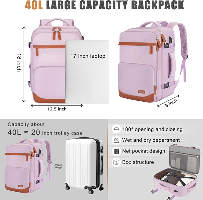 40L Travel Backpack with USB Charging Port, Water-Resistant Carry On Backpack - Image 6