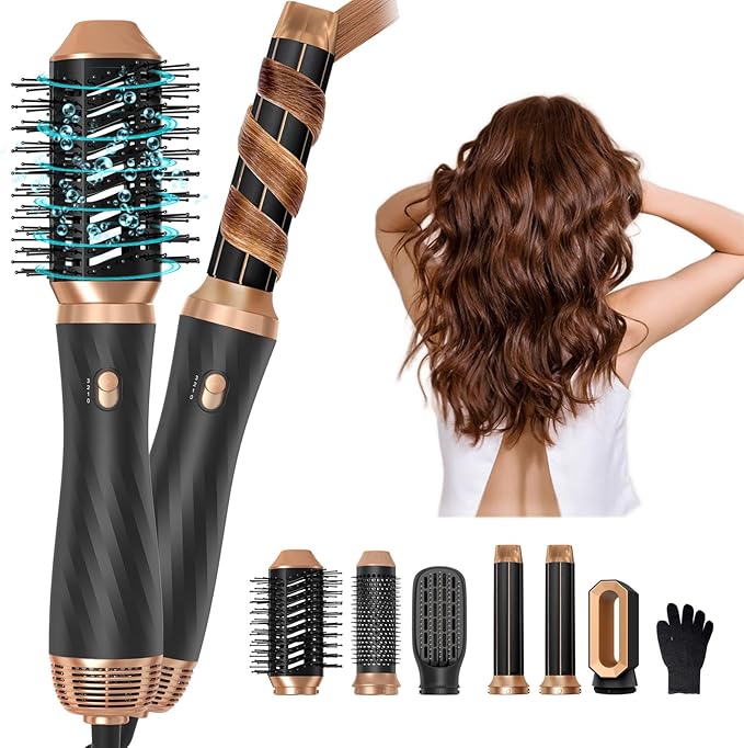 6 in 1 Hair Dryer Brush, Upgrade Detachable Blow Dryer Brush Air Styler Wrap Air Curler, Curly Twist Hot Curling Iron, Negative Ion Blow Dryer Hot Styler, Travel Hair Styling Tool
