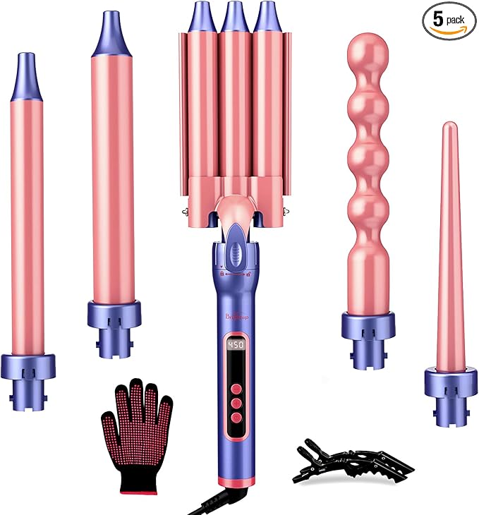 Brightup PRO 5-in-1 Curling Iron Wand with LCD Display, Ceramic Hair Waiver Curler with 3 Barrels & Negative Ions for Frizz-Free, Salon-Level Waves and Curls, Tangle-Free Swivel Cord